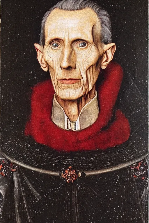 Prompt: portrait of grand moff tarkin as a sith lord, oil painting by jan van eyck, northern renaissance art, oil on canvas, wet - on - wet technique, realistic, expressive emotions, intricate textures, illusionistic detail