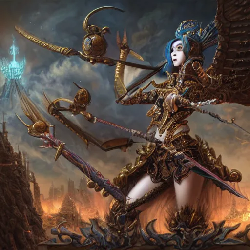 Image similar to k - pop girl warhammer by michael cheval, peter mohrbacher, boris vallejo, jessica rossier, insane details, intricate, elite, ornate, elegant trend, highly detailed and intricate, sharp focus, photography, unreal engine, trending on artstation, photorealistic, octane, hyper detailed, trending on deviantart,