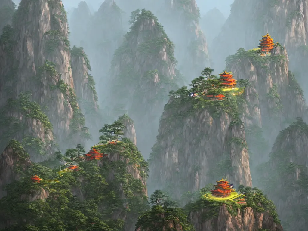 Image similar to futuristic beautiful mountainous landscape of huangshan with buddisht and taoist temples on hilltops on a rainy day by gediminas pranckevicius