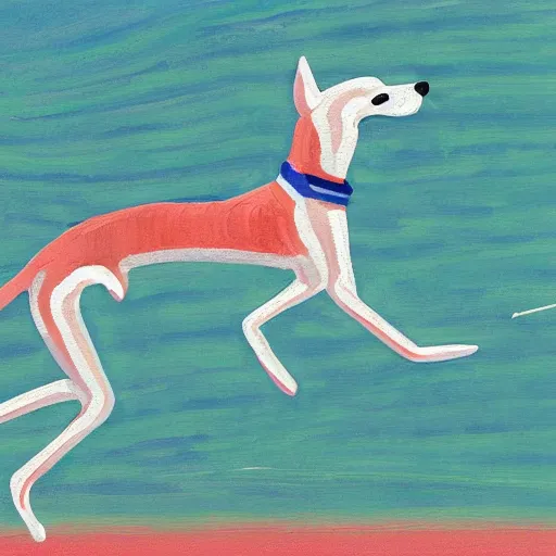 Prompt: close-up of a whippet running at beach, painting by david hockney, highly detailed