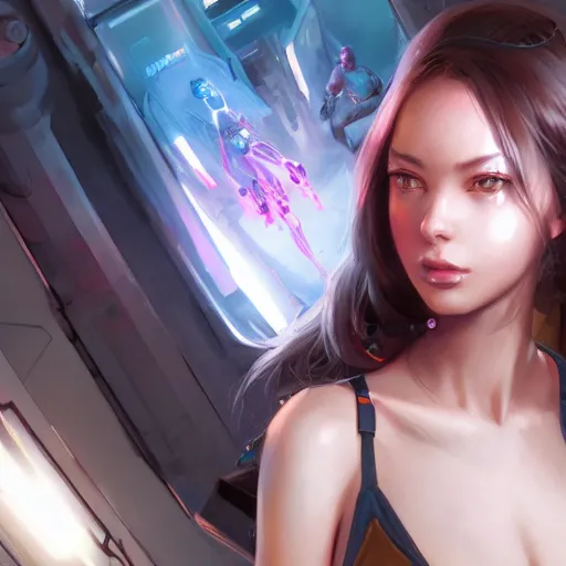 Image similar to A portrait of a cybernetic gamer girl. , trending on artstation, digital art, by Stanley Artgerm Lau, WLOP, Rossdraws, James Jean, Andrei Riabovitchev, Marc Simonetti, Yoshitaka Amano