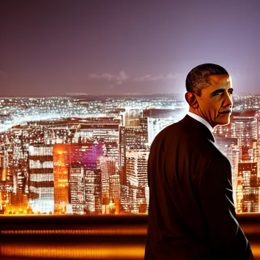 Image similar to a still of Barak Obama. Shallow depth of field. City at night in background, lights, colors ,studio lighting, mood, 4K. Profession photography