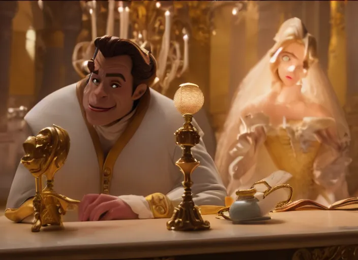 Image similar to film still of Lumiere as an office manager watching over the staff in the new Beauty and the beast movie, 4k