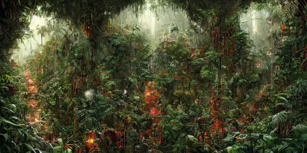 Image similar to a jungle path made of skulls covering a red line subway station in Hollywood/Vine, a dystopian city taken back by nature, lush, dense jungle, award winning, cinematic light, by Oliver beck and Marc simonetti