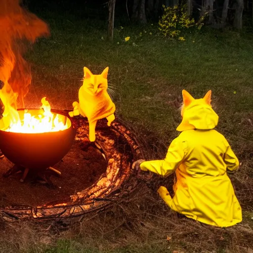 Image similar to a gathering of yellow raincoat wearing cat magicians summon a fire goddess from the depths of a raging fire pit, flames are emerging from fissures in the ground.