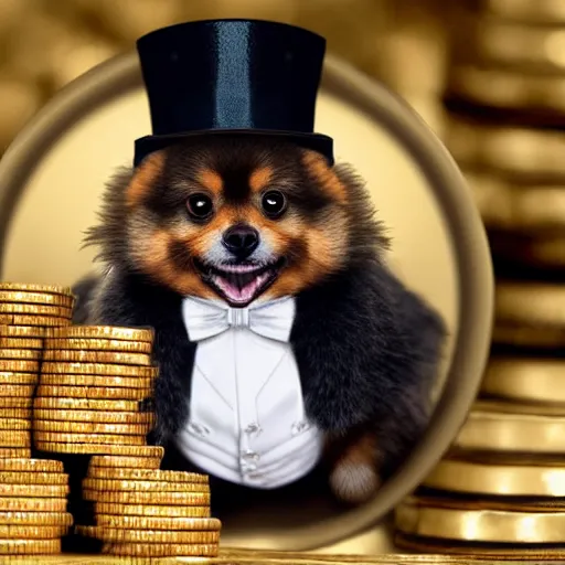 Image similar to a tan pomeranian wearing a top - hat and a monocle and sitting on large pile of featureless gold coins