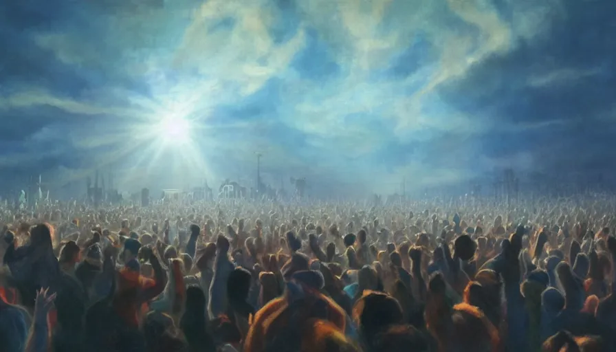 Prompt: painting of a crowd with raised arms pointing towards a glowing sky, volumetric lighting, nasty, hyperdetailed, realistic