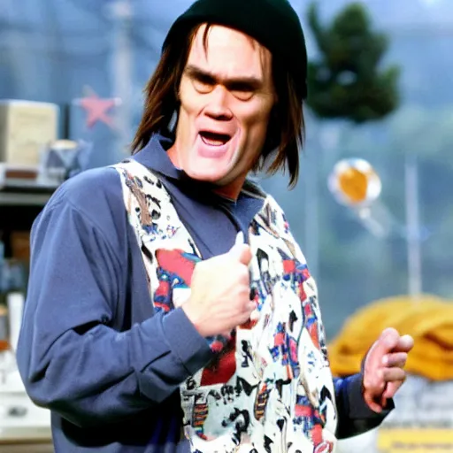 Prompt: jim carrey as wayne campbell on wayne ’ s world, movie still