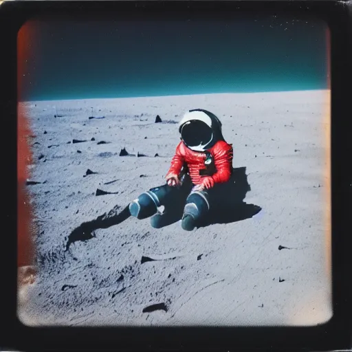 Prompt: vintage polaroid of a woman on the surface of the moon landing, detailed clouds, warm azure tones, red color bleed, film grain