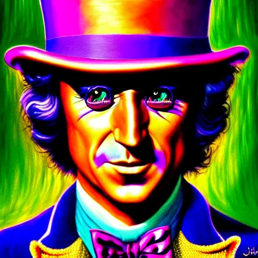 Prompt: An extremely psychedelic portrait of willy wonka, surreal, LSD, face, detailed, intricate, elegant, lithe, highly detailed, digital painting, artstation, concept art, smooth, sharp focus, illustration, art by Jason Edmiston
