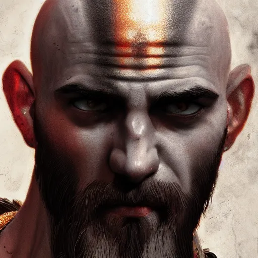 Image similar to portrait of kratos, intricate artwork, concept art, octane render, deviantart, cinematic, key art, hyperrealism, iridescent accents, portrait photograph, nikon 3 5 mm, photograph by greg rutkowski