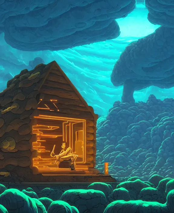 Image similar to a simple cabin made out of exotic fungus, weird simple fungus and tendrils, spaceship, sci - fi, robots, somber, partly cloudy, hell, fire, brimstone, lava, by dan mumford, yusuke murata, makoto shinkai, ross tran, cinematic, unreal engine, cel shaded, featured on artstation, pixiv