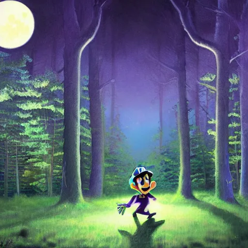 Image similar to an ultra - detailed beautiful painting of waluigi from the mario bros series in a dark forest, moonlight through the trees, oil panting, high resolution 4 k, by ilya kuvshinov, greg rutkowski and makoto shinkai )