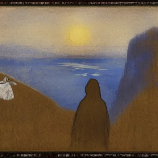 Prompt: concept art, long shot cloaked figures on a mountain, painting styles by Turner and Degas and Magritte and, painted on tarpaper with gold and silver pen and ink and palette knife, 8k, highly detailed _W 1024