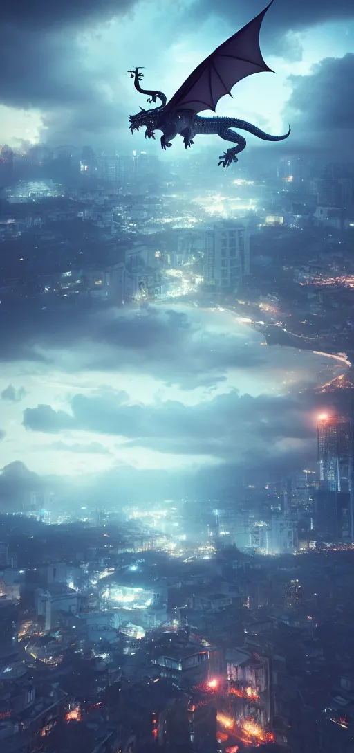 Prompt: vietnamese dragon flying above hanoi city, concept art, moody lightning, amazing composition, high details, octane render, unreal engine