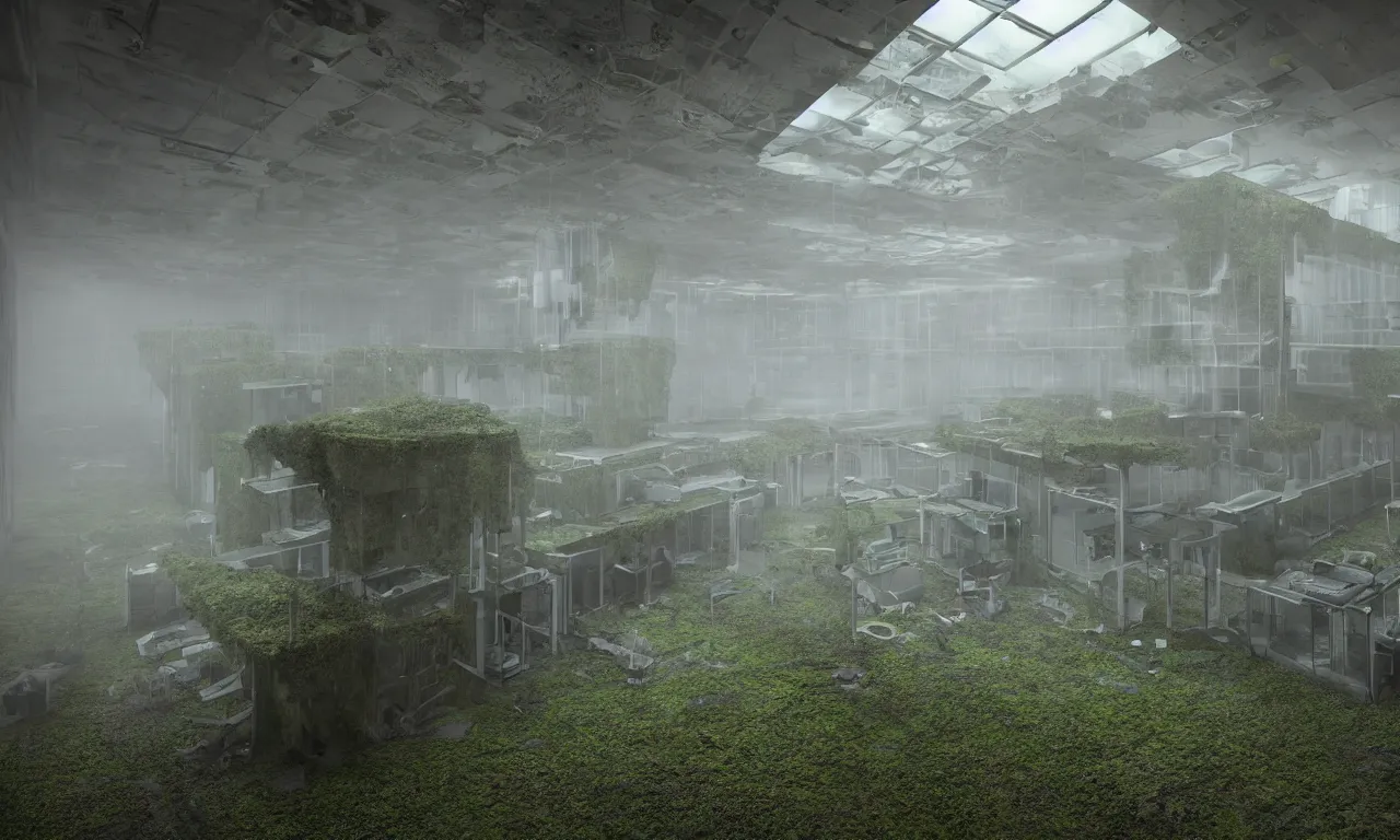 Image similar to an abandoned research facility in a foggy environment with mossy computers, and colored lights on research equipment still functioning | intricate detail, microdisplacement, elaborate design, cgi, volumetric lighting, global illumination