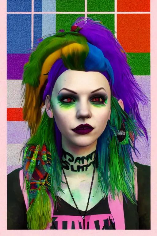 Prompt: portrait of hannah murray as a punk woman with green mohawk, neotraditional tattoos, fishnets, long tartan skirt as delirium of the endless, the sandman, rainbow clothes, second life avatar, the sims 4