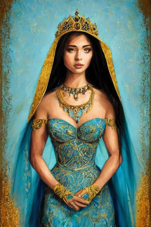 Prompt: detailed painting of a beautiful princess wearing a blue dress with veil inside the interior of an ornate Middle eastern palace by Stanely Artgerm, green eyes, gold jewellery, black hair, majestic, beauty, dramatic light, turquoise color scheme, Trending on Artstation