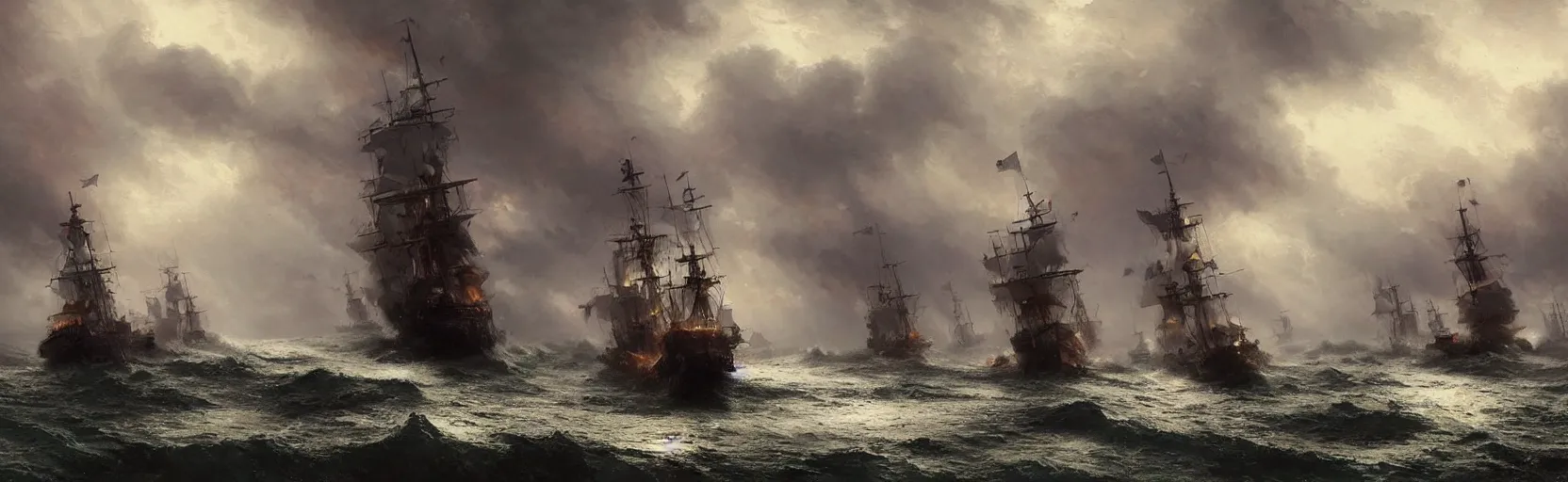 Prompt: battle of multiple pirate war ships in the sea, in rain and thunderstorm, ominous sky, by greg rutkowski, thomas kinkade, artstation