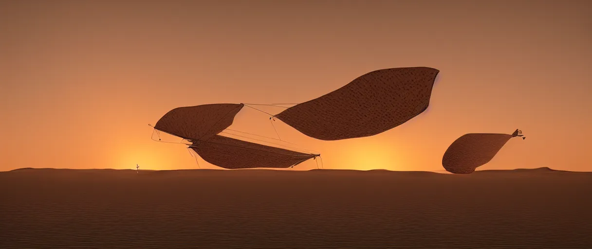 Prompt: an ornithopter on dune, sand worms in the background, light orange sunset, volumetric light, hdr, 8 k, bokeh designed by moebius kow yokoyama