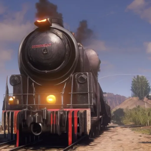 Image similar to futuristic sleek steam locomotive in red dead redemption 2