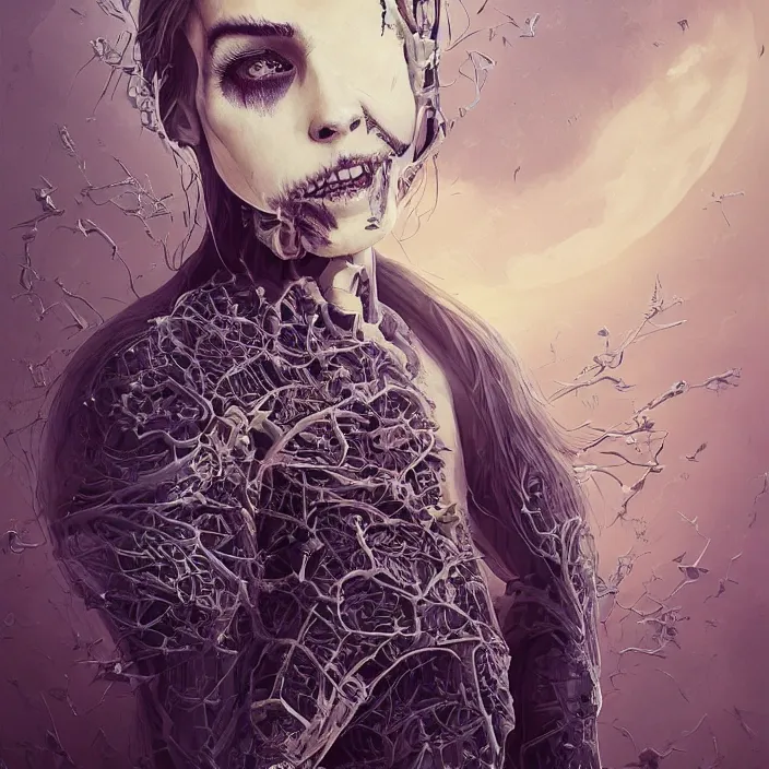 Image similar to portrait of skeleton as a Emma Watson. intricate abstract. intricate artwork. nightmare fuel. by Tooth Wu, wlop, beeple, dan mumford. octane render, trending on artstation, greg rutkowski very coherent symmetrical artwork. cinematic, hyper realism, high detail, octane render, 8k, iridescent accents