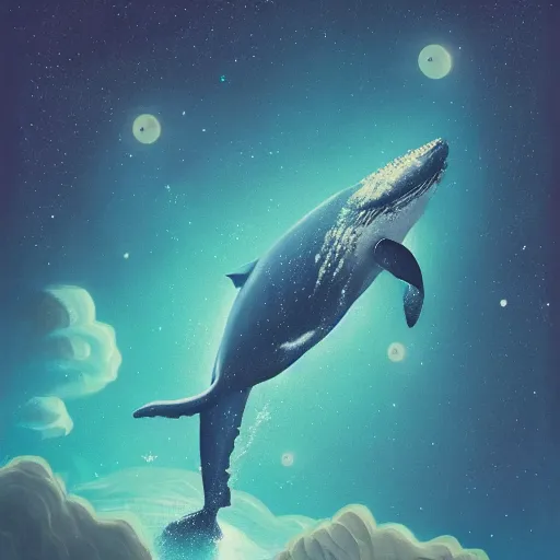 Image similar to portrait of whale swimming on a night sky, swimming across the universe, oniric, dreamy, beautiful, highly detailed, cinematic, trending on artstation