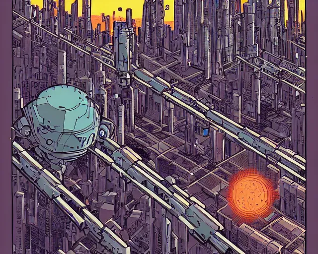 Prompt: gigantic solar robots towering over a small city by laurie greasley kelly freas