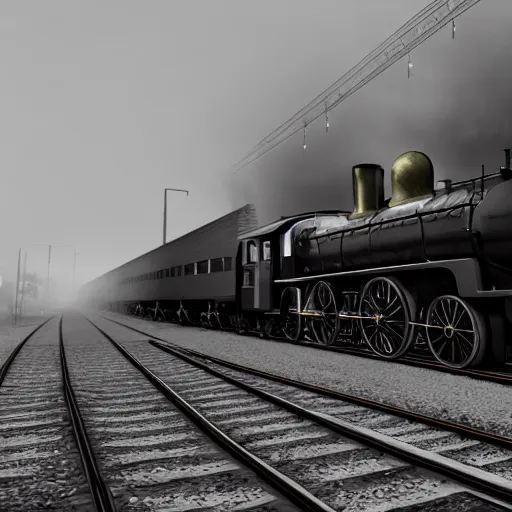 Image similar to a black steam locomotive pulling a train into a Victorian era crowded train station, slight fog, highly detailed, octane render, unreal engine 5