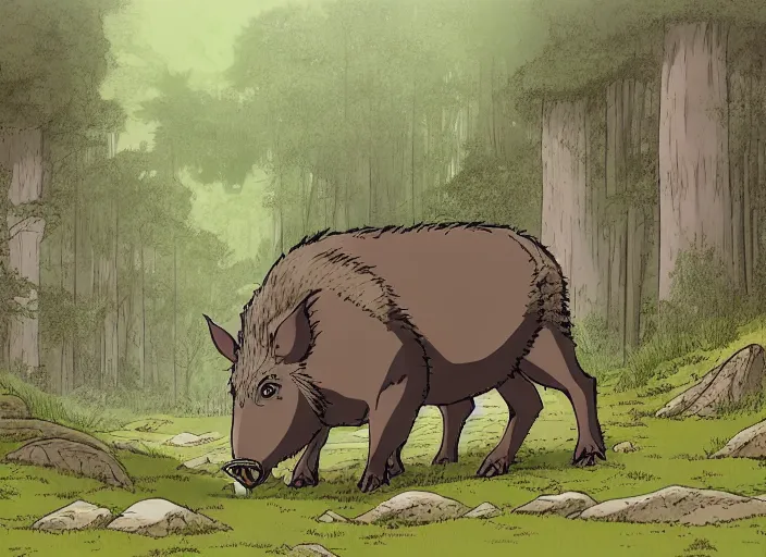 Prompt: a majestic brown and grey boar with tusks in a mythical forest next to a pathway, by ghibli and miyasaki, flat, 2 d, illustration, great composition