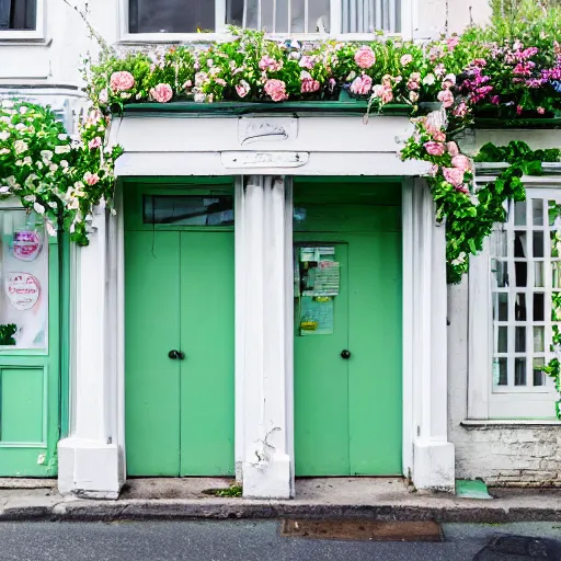 Image similar to A photo of a quaint flower shop storefront with a pastel green and clean white facade and open door and big window