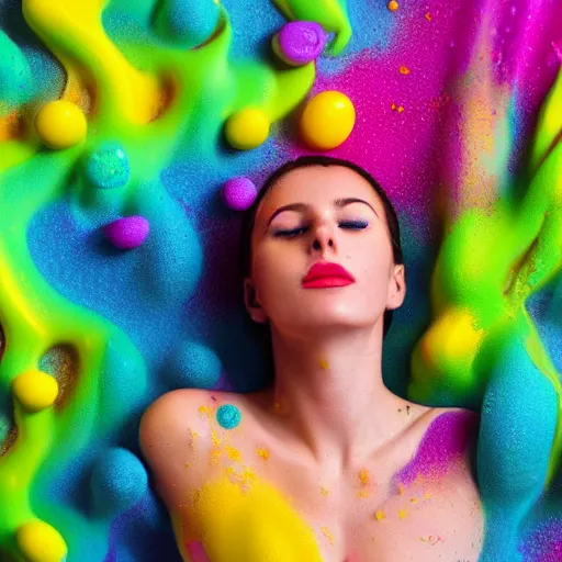 Image similar to a photo of a woman drowning in different colourful slime with golden sprinkles. moody and melanchonic.