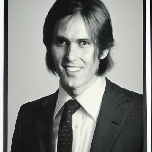 Image similar to A photograph portrait of Jerma985 with medium length wavy hair, a combover and wearing late 1970s popped collared menswear in the late 1970s, taken in the late 1970s, grainy, taken on a 1970s Polaroid Camera, realistic, hyperrealistic, very realistic, highly detailed, very detailed, extremely detailed, detailed, digital art, trending on artstation, front facing, front view, headshot and bodyshot, detailed face, very detailed face