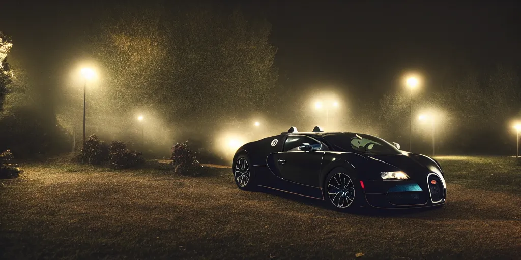 Prompt: bugatti veyron, warm lighting, fog, fairy lights, backyard at late night, tumblr aesthetic
