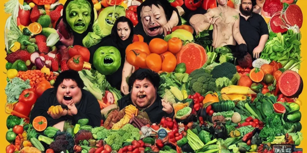 Image similar to a horror movie poster featuring huge fat people eating fruits and vegetables