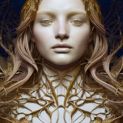 Image similar to Ultra detailed 3d render Macro of a marble statue, beautiful woman face, long hair, symmetrical composition, intricate thin details in gold, By James Jean and Tom Bagshaw and Victo Ngai and Craig Mullins, fantasy flowers and leaves, octane render, 8k, high quality, volumetric lighting, color grading