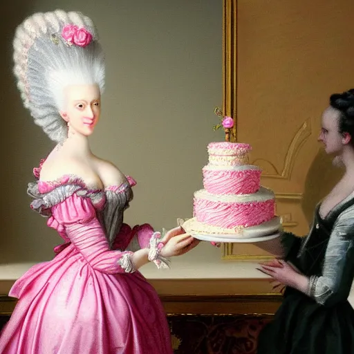Prompt: Marie Antoinette cutting a pink cake. Baroque painting, trending on artstation, 50mm