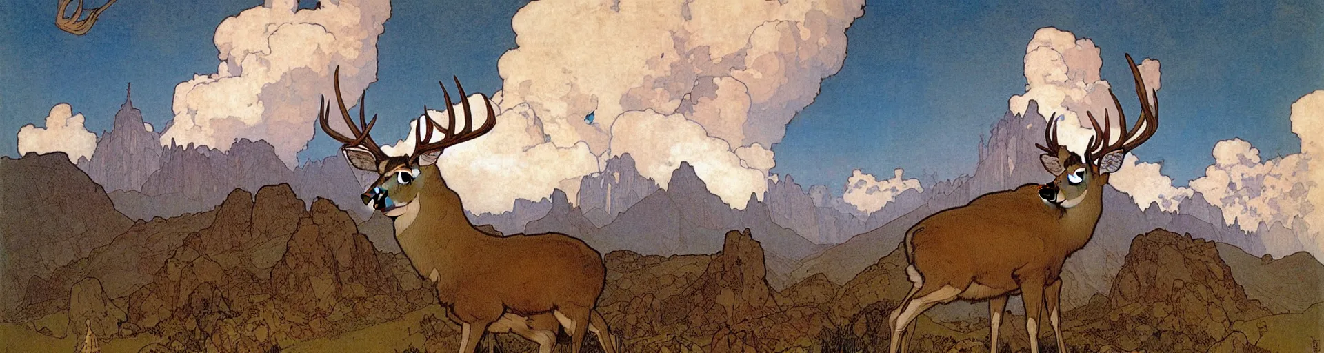 Prompt: a 4 0 0 0 meter tall deer head in clouds, mountain, in a valley a stone age village with tiny tents by mucha and charles vess