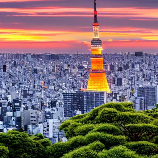 Image similar to landscape of Tokyo with a tower at sunset