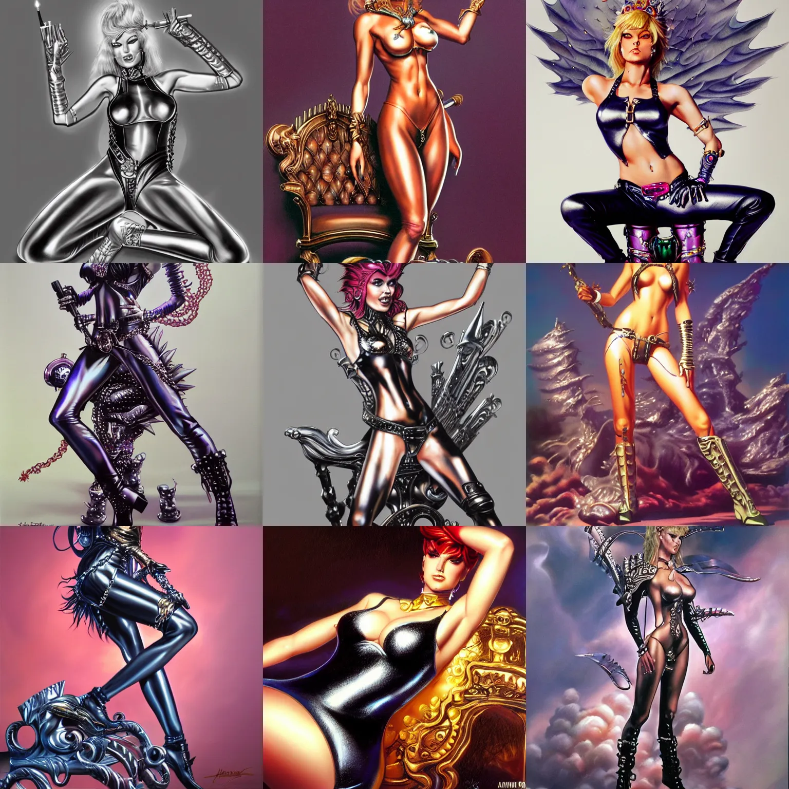 Prompt: an airbrush painting of a nice looking punk girl with beautiful forms, wearing shiny leather, lying a throne in a fantasy land, by hajime sorayama and boris vallejo, trending on artstation, 4K