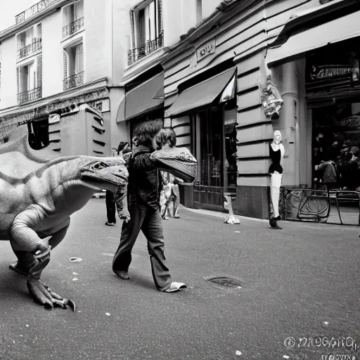 Image similar to french dinosaur walking in the streets of paris, 3 5 mm