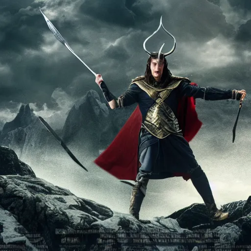 Image similar to the norse god king banishing loki from valhall, dramatic, highly detailed, cinematic, 4 k