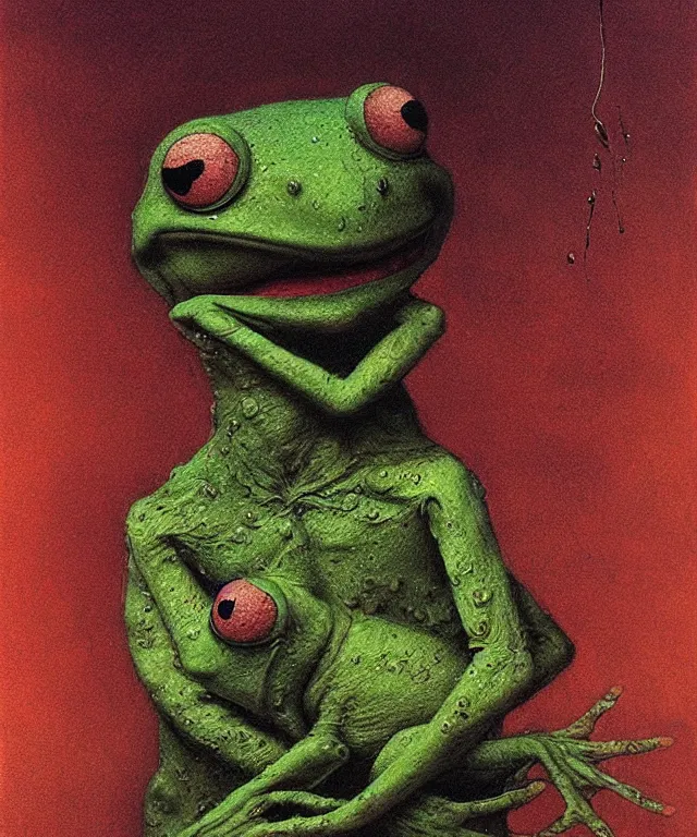 Prompt: bloody Kermit the frog megalophobia by Beksinski, macro