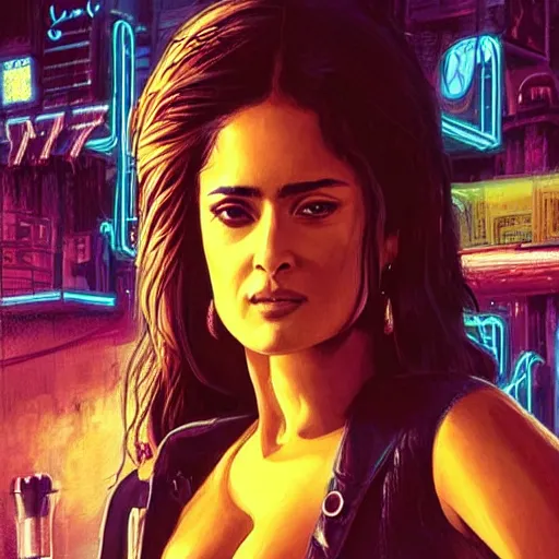 Image similar to salma hayek in a cyberpunk city bar, perfect proportions, beautiful face, perfect eyes, real life colors, elegant, sharp focus, hyper - realistic, 4 k, highly detailed, hd, dramatic lighting by brom