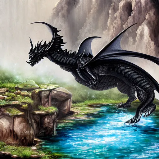 Prompt: ! dream a black dragon sitting, highly detailed oil painting of a hotspring in cave, featured on artstation