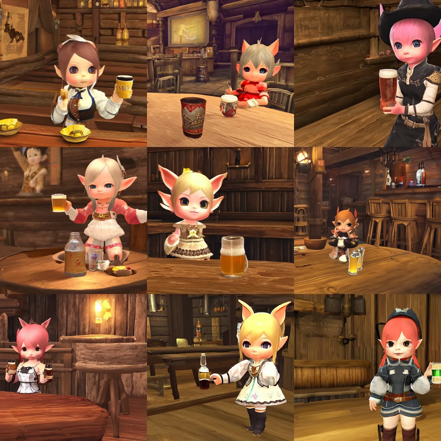 Prompt: a female lalafell, which is a species from the online game ffxiv, drinking a beer in a saloon from the far west. she is wearing a cowboy outfit