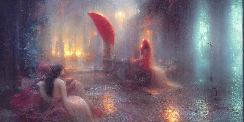 Prompt: Dimensional rain by Marc Simonetti and Delphin Enjolras and Pierre Auguste Cot