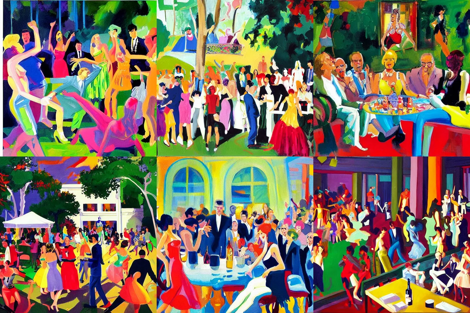 Prompt: “colourful painting of wild party at playboy mansion, by paul wonner”