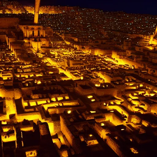 Prompt: ancient city of the aztecs, glowing torches, many buildings, at night, many people, epic wide angle, picture from 1000 years ago