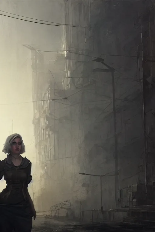 Image similar to ciri in a dark industrial soviet city, smog, atmospheric, pollution, digital art, by greg rutkowski, highly detailed, by jeremy lipking, octane render, detailed face